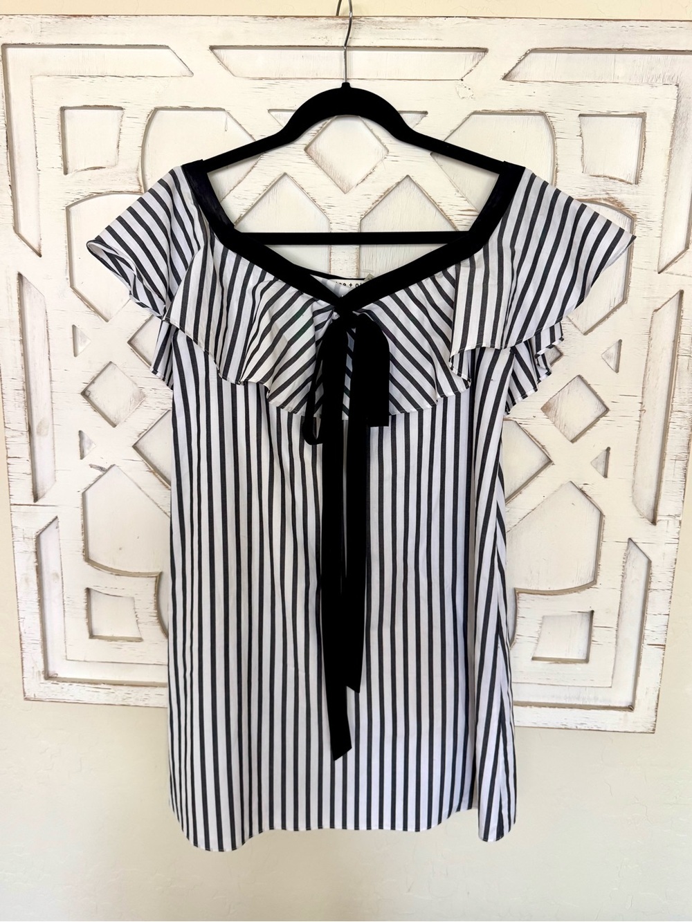 Alice & Olivia Striped Ruffle Tie-Front Mini Dress in Black & White - Picture 2 of 6